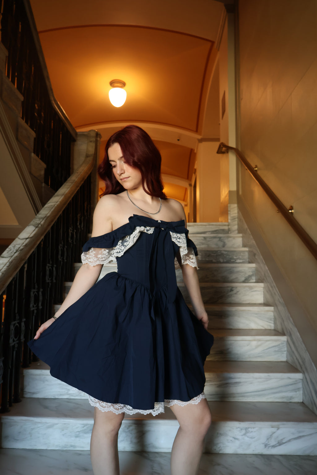 Swan Navy Lace Off-Shoulder Corset Dress