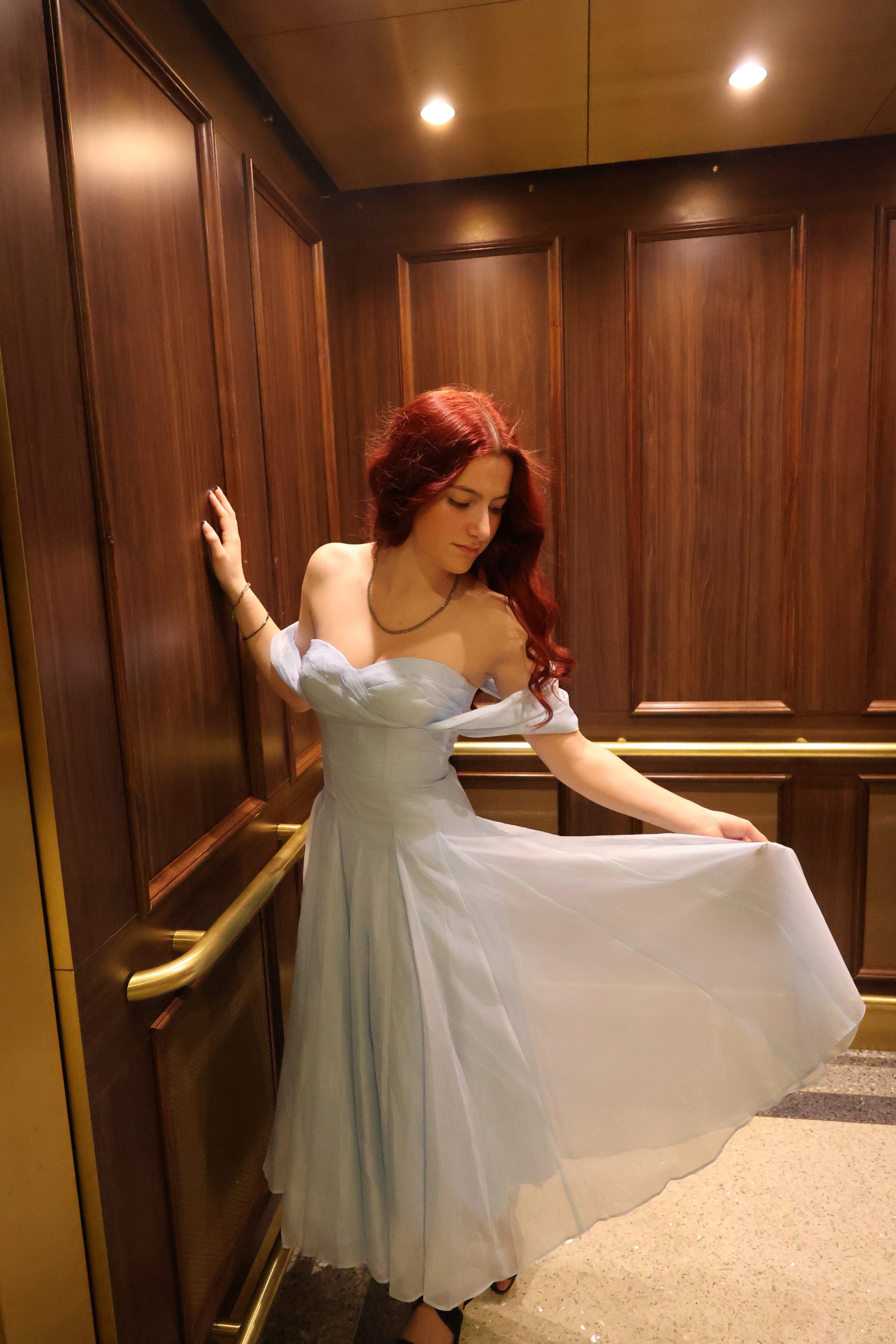 Swan Draped Coset Baby Blue Midi Dress