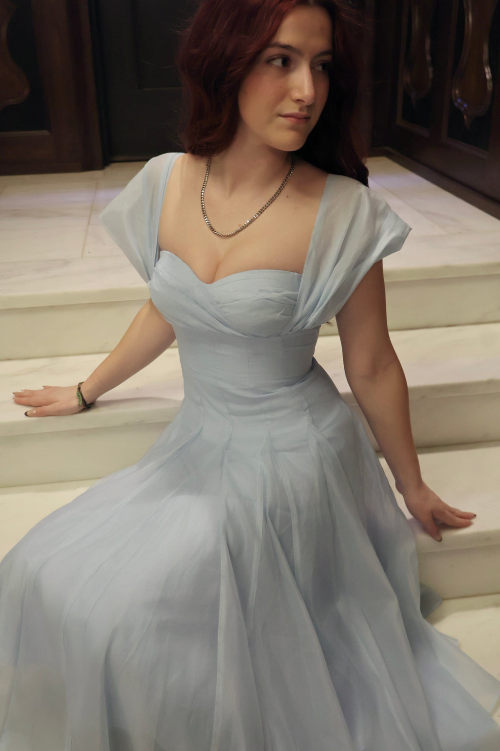 Swan Draped Coset Baby Blue Midi Dress