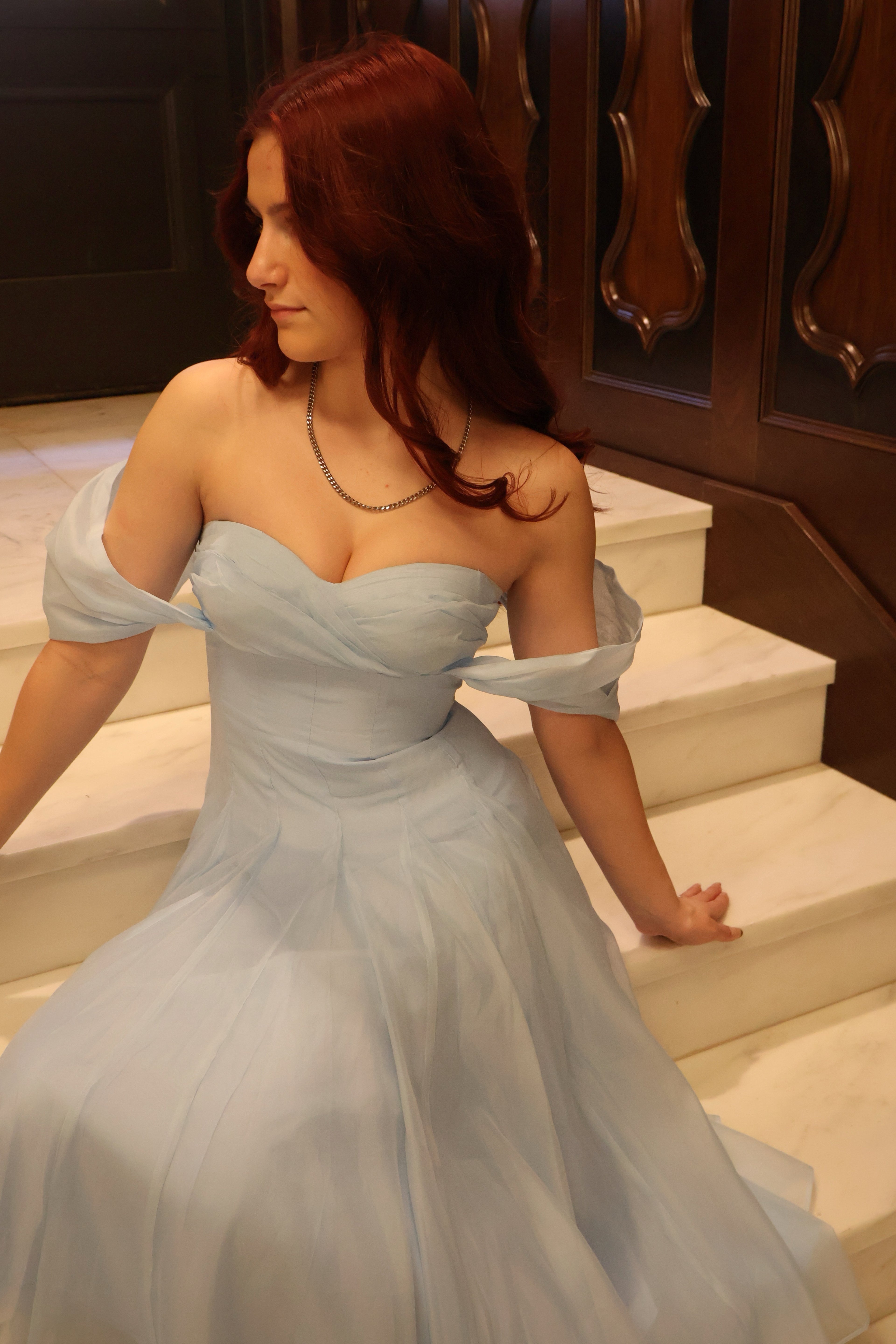 Swan Draped Coset Baby Blue Midi Dress