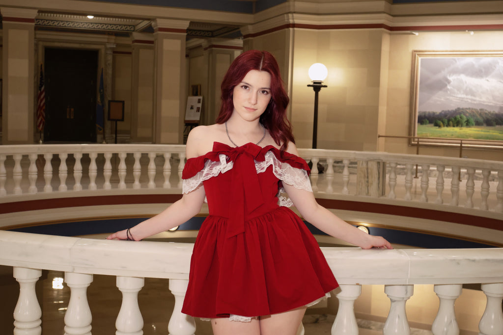 Swan Off-Shoulder Corset Mini Dress – Red