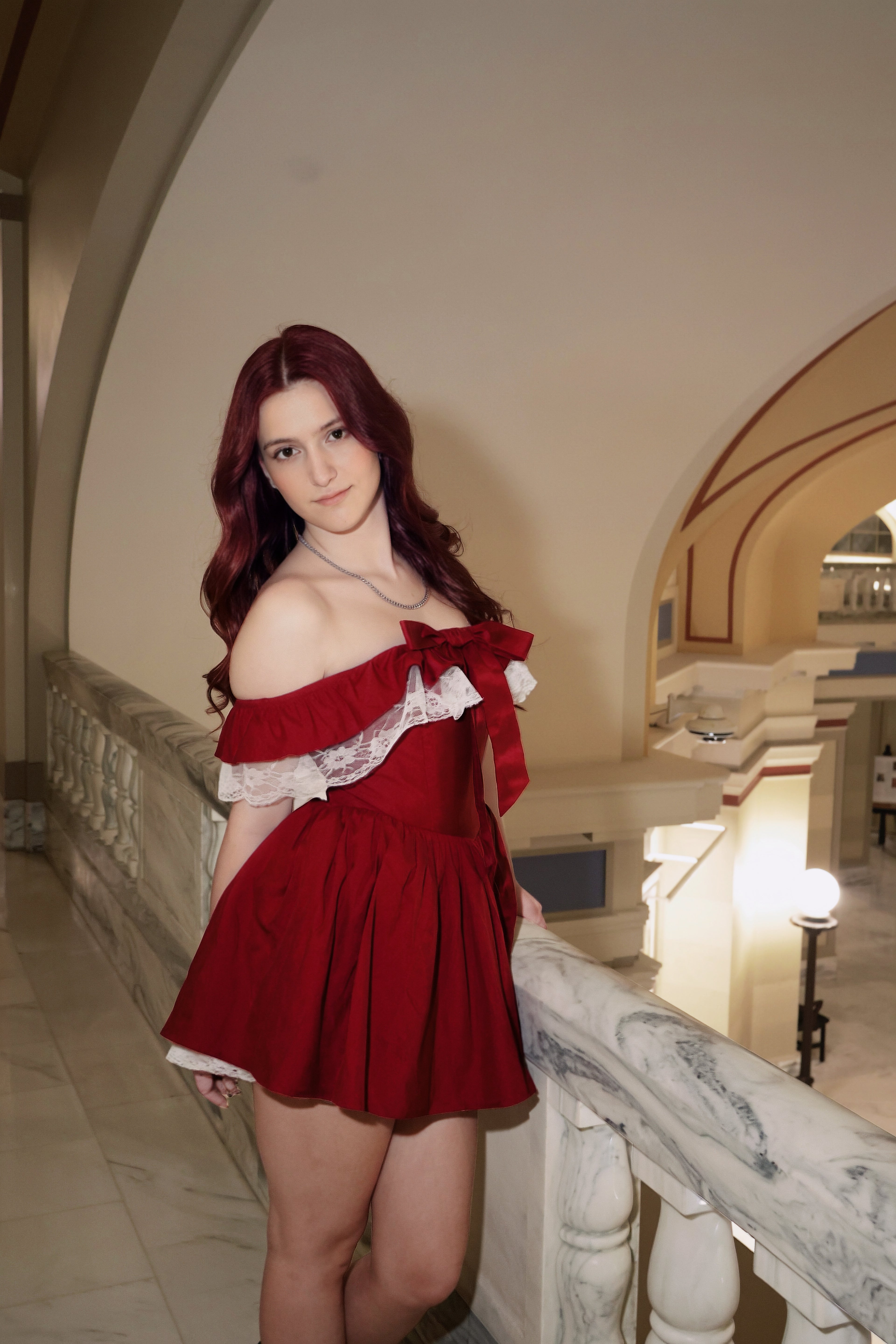 Swan Off-Shoulder Corset Mini Dress – Red