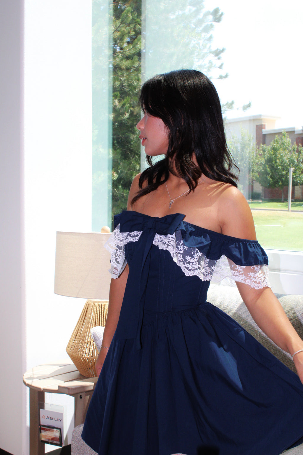 Swan Navy Lace Off-Shoulder Corset Dress