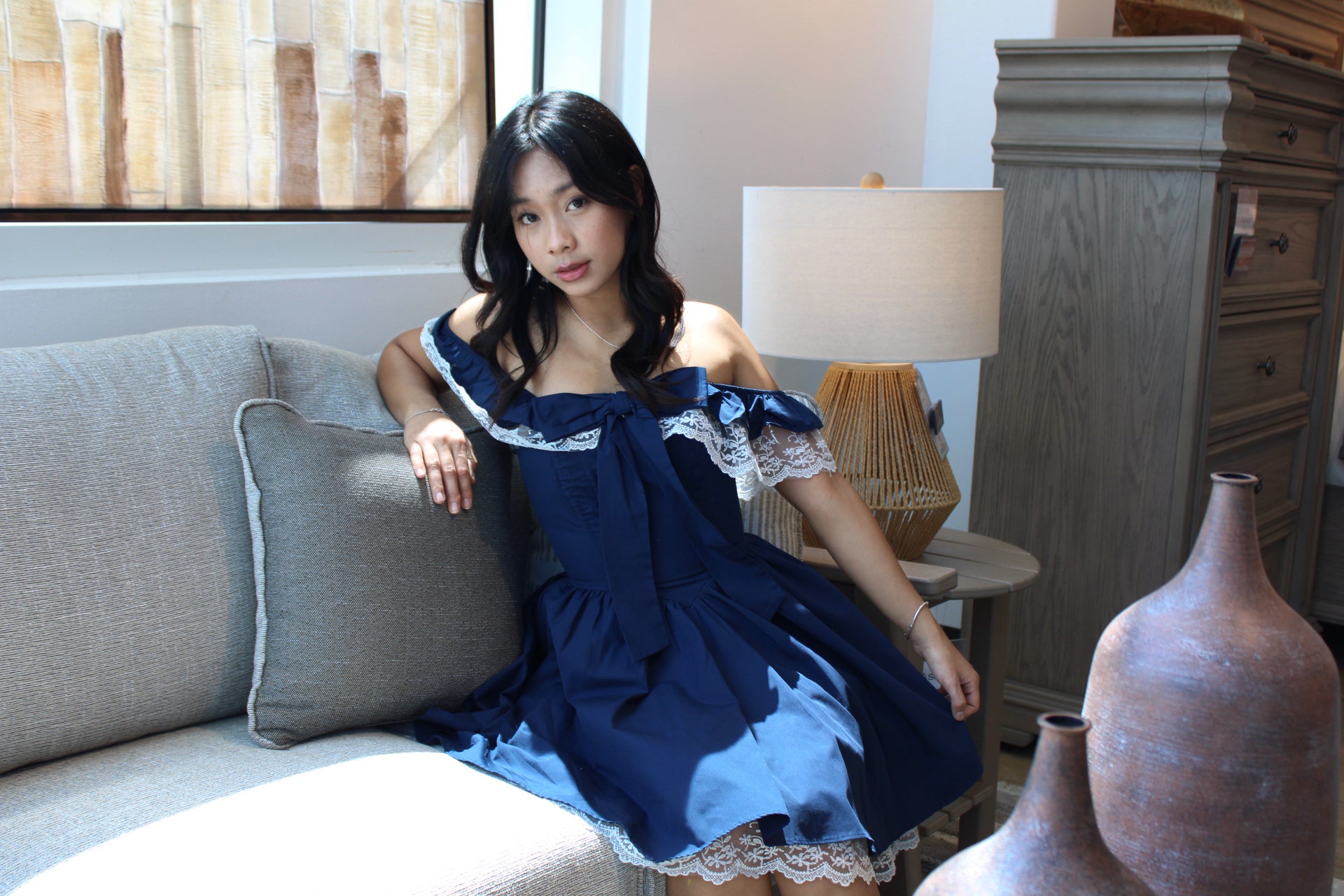 Swan Navy Lace Off-Shoulder Corset Dress