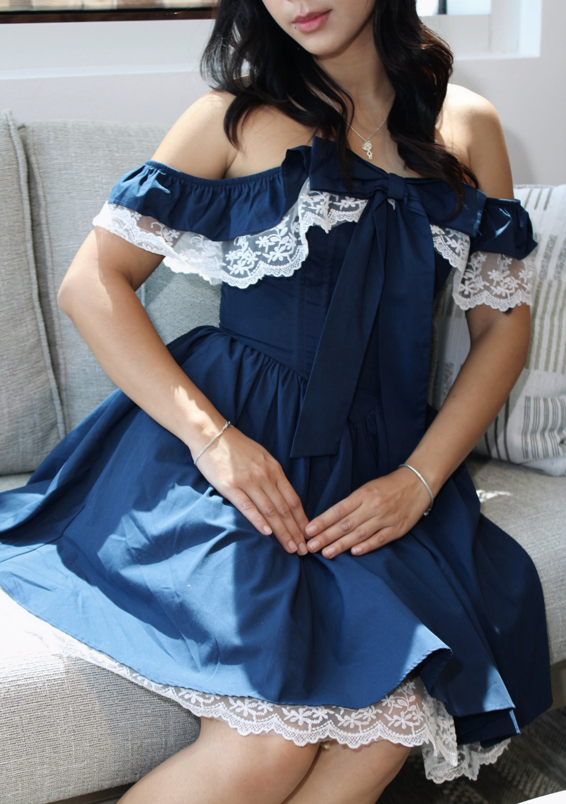 Swan Navy Lace Off-Shoulder Corset Dress