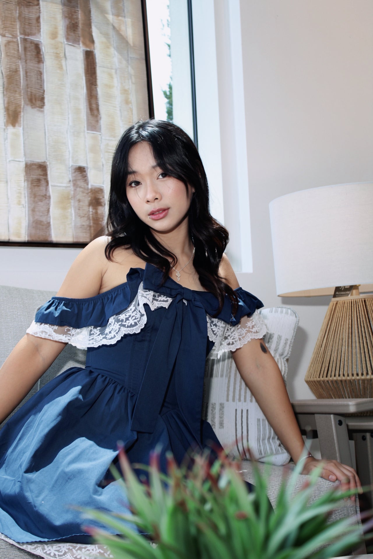 Swan Navy Lace Off-Shoulder Corset Dress