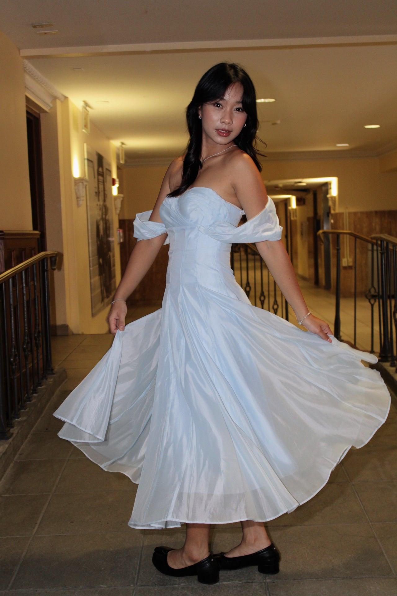 Swan Draped Coset Baby Blue Midi Dress