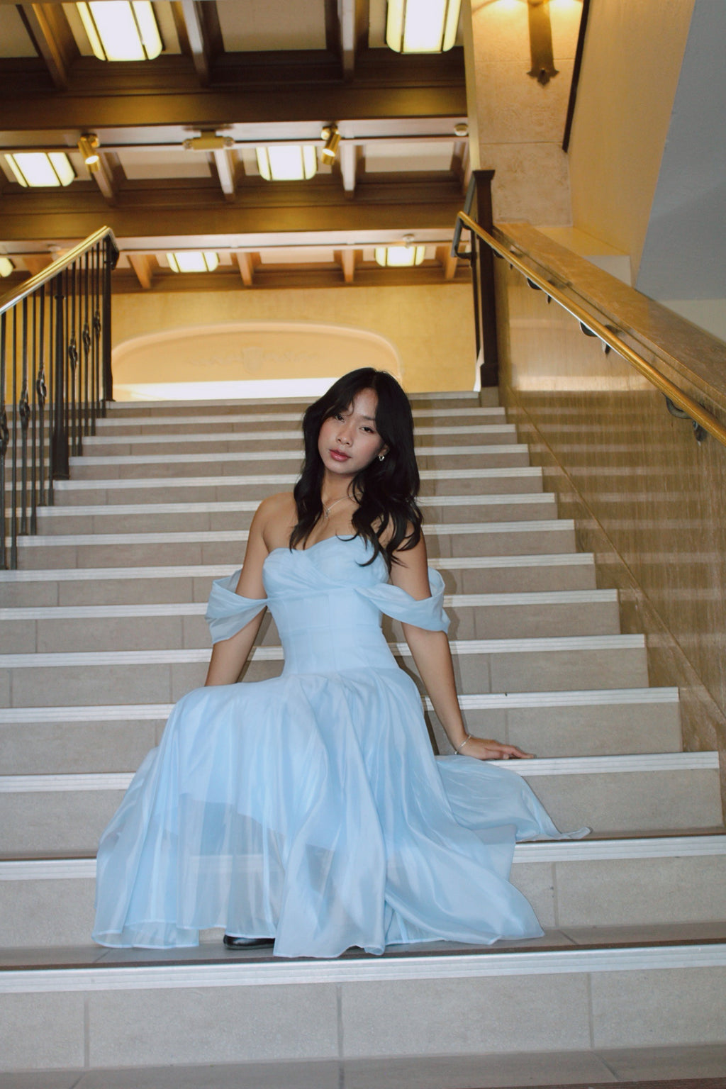 Swan Draped Coset Baby Blue Midi Dress