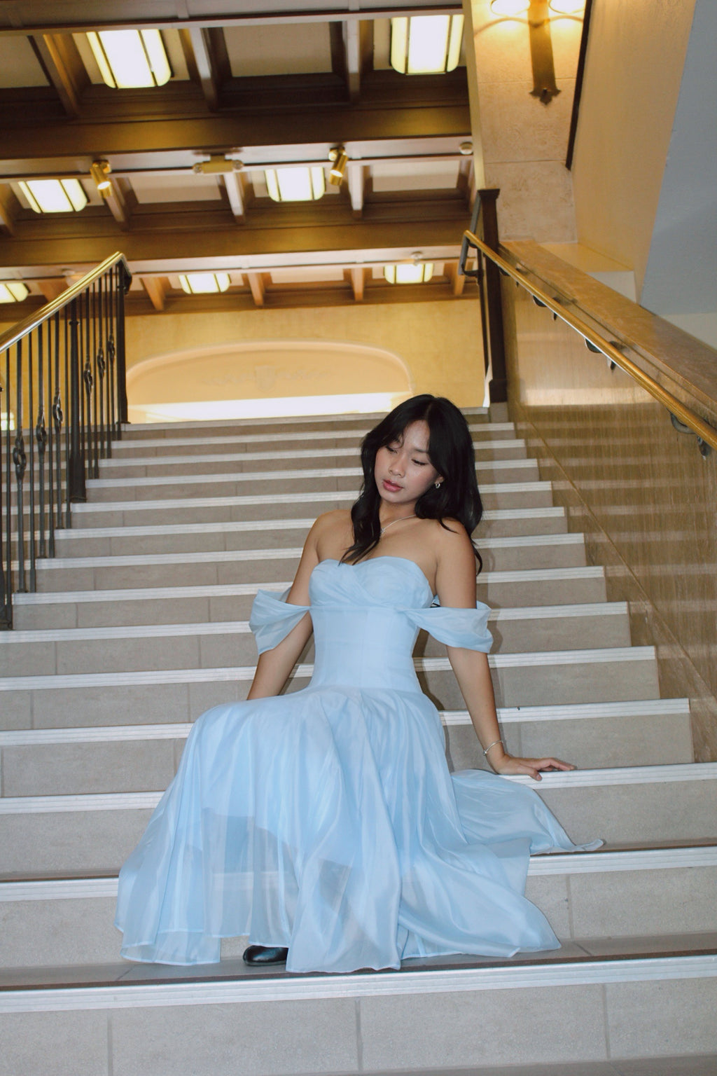 Swan Draped Coset Baby Blue Midi Dress