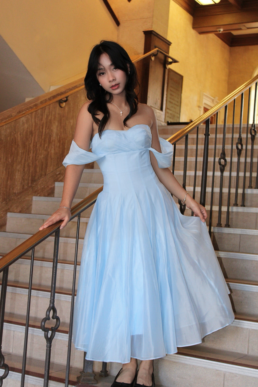 Swan Draped Coset Baby Blue Midi Dress