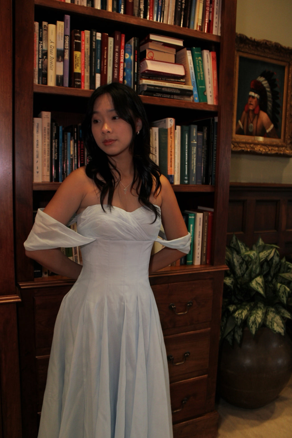 Swan Draped Coset Baby Blue Midi Dress