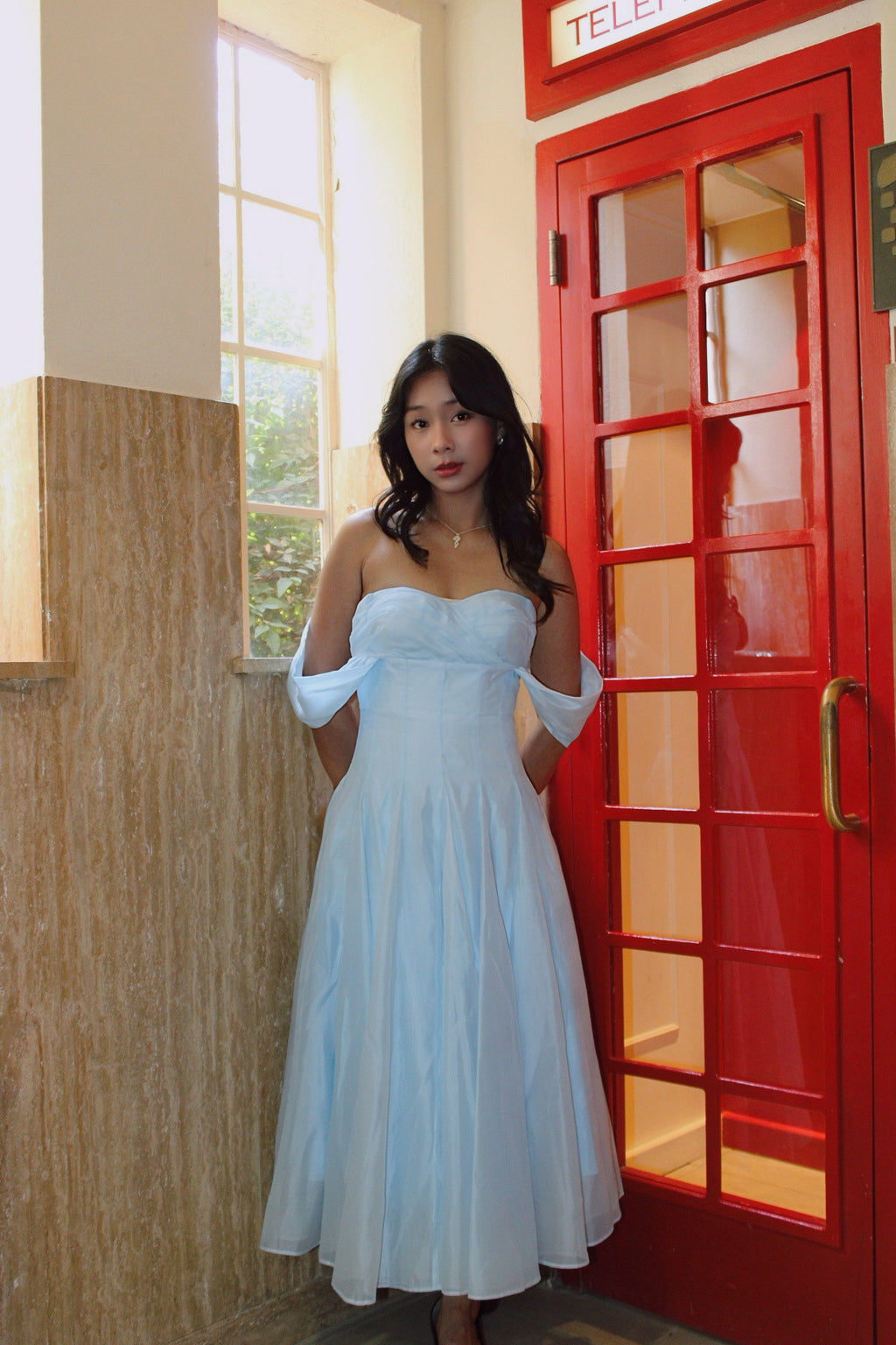 Swan Draped Coset Baby Blue Midi Dress